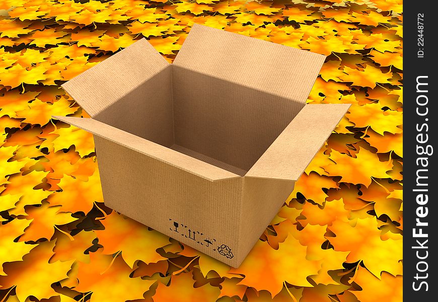 3D Illustration Opened cardboard box on Orange Leaves. 3D Illustration Opened cardboard box on Orange Leaves