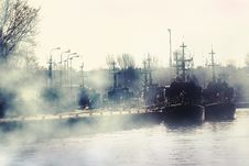 Group Of Millitary Ships On Harbour Stock Image