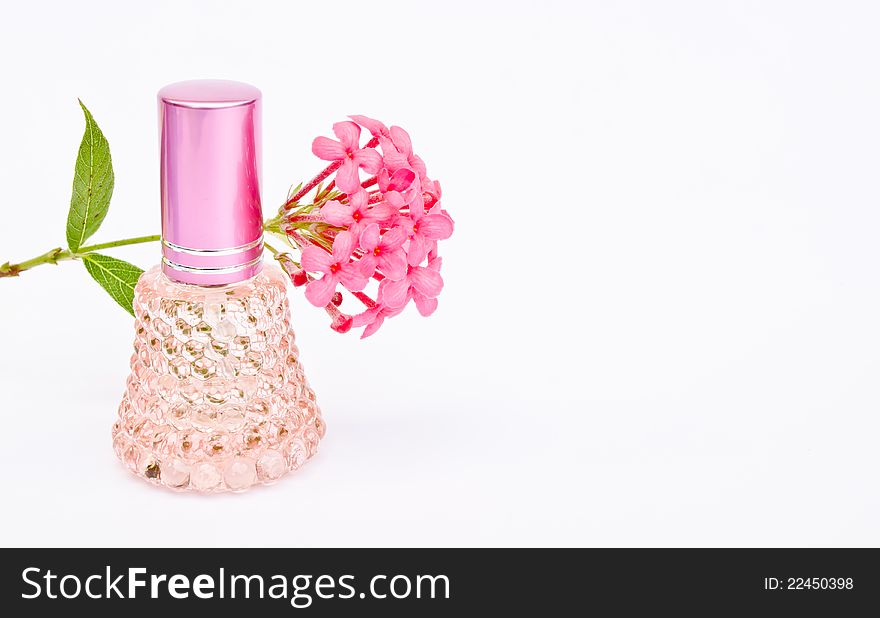 Perfume bottle and pink flower on white background