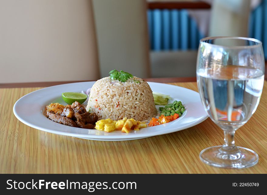 Mixed cooked rice with shrimp paste sauce and fresh vegetable, Thai cuisine. Mixed cooked rice with shrimp paste sauce and fresh vegetable, Thai cuisine