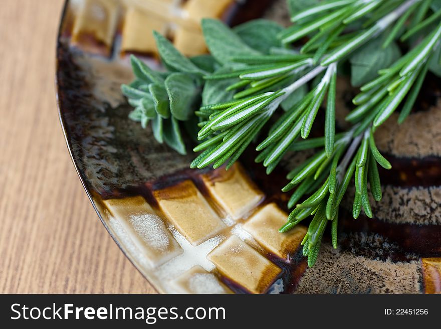 Sprig of rosemary on a ceramic plate