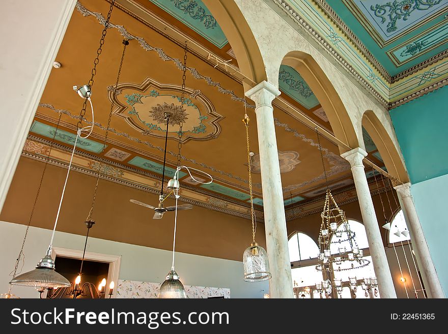 Decorated classical vintage Arabic oriental style house with painted ceiling and arches. Decorated classical vintage Arabic oriental style house with painted ceiling and arches