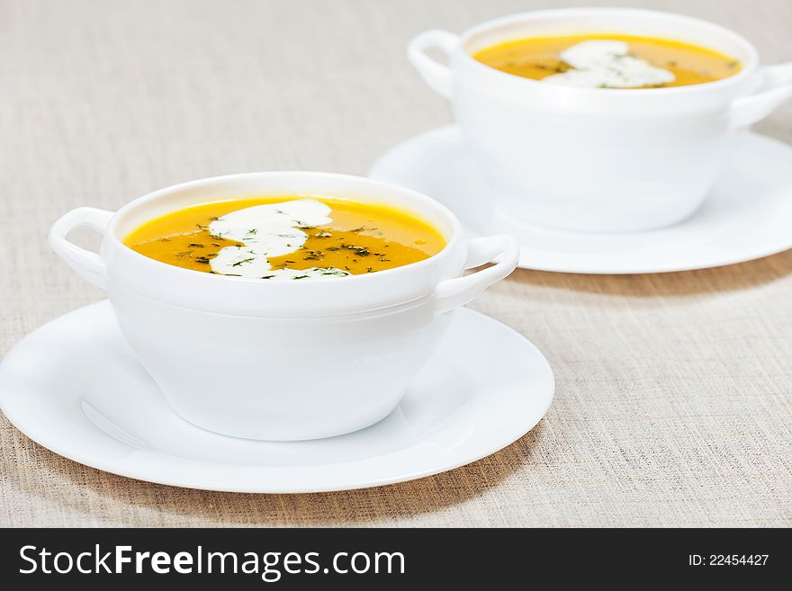 Fresh pumpkin cream soup with cream. Fresh pumpkin cream soup with cream