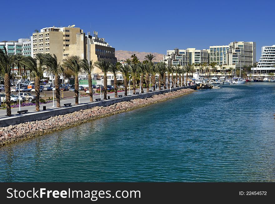 View on marina and promenade in Eilat, Israel