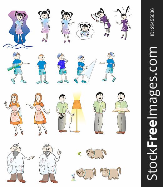 Cartoon characters of grandad, dad, mom, daughter, sun and dog in different variations. Cartoon characters of grandad, dad, mom, daughter, sun and dog in different variations