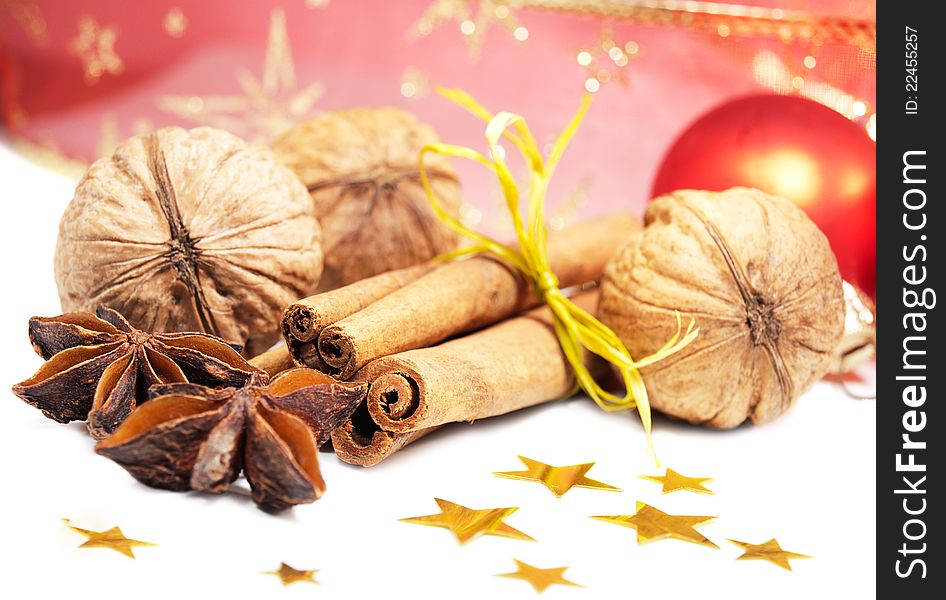 Cinnamon, Anise and Walnuts - Christmas background. Cinnamon, Anise and Walnuts - Christmas background