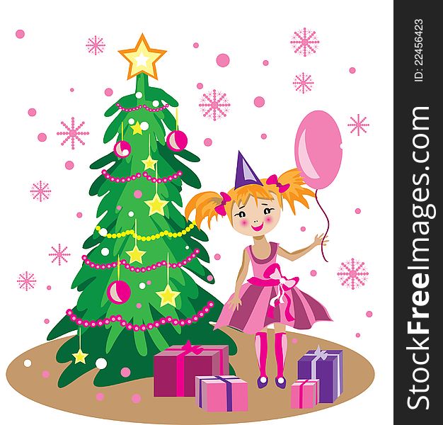 Vector illustration of adorable little girl in beautiful dress staying near New Year tree with gifts. Vector illustration of adorable little girl in beautiful dress staying near New Year tree with gifts