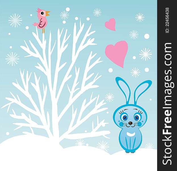 Vector illustration of funny blue rabbit in-love sitting under the snowy tree. Vector illustration of funny blue rabbit in-love sitting under the snowy tree