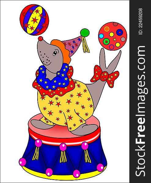 Sea lion in the circus juggles with two colored balls. Sea lion in the circus juggles with two colored balls