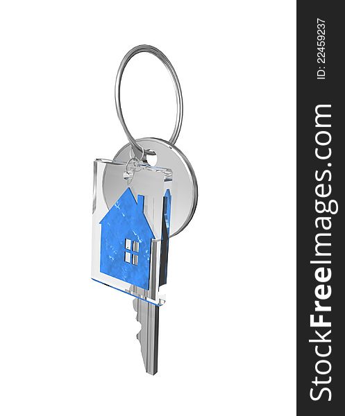 Illustration of metal key with blue house, isolated. Illustration of metal key with blue house, isolated