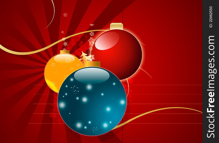 A magic Christmas background with balls, a golden Christmas tree, stars, lights and ribbons. A magic Christmas background with balls, a golden Christmas tree, stars, lights and ribbons