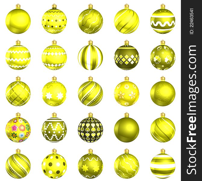 Christmas Baubles Yellow Pack On White Background