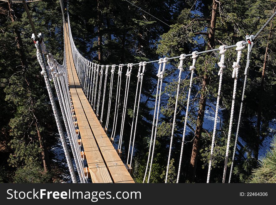 Looking at a suspension bridge in Wrightwood CA with snow covered forest floor and large pine trees all around