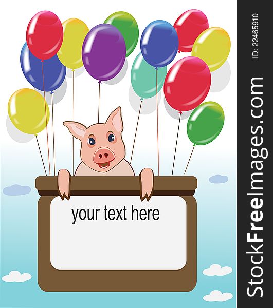 Happy birthday card with funny pig and balloons flying in the sky.