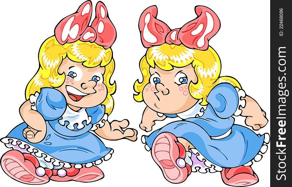 The illustration shows a little funny girl in dress. Girl shows two kinds of emotions. Illustration done in cartoon style. The illustration shows a little funny girl in dress. Girl shows two kinds of emotions. Illustration done in cartoon style.