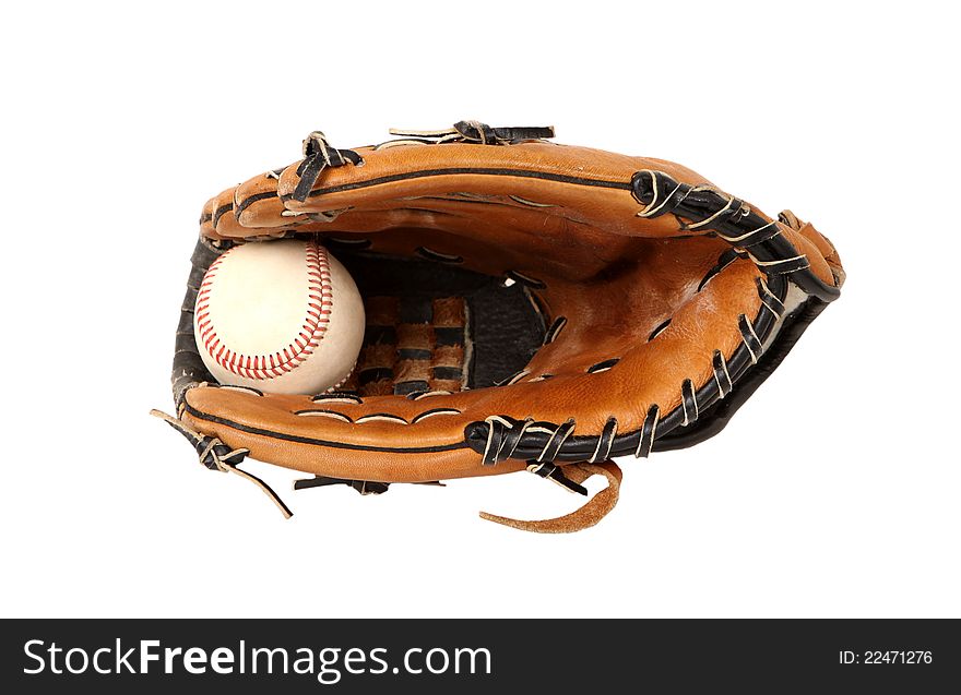 Close up of baseball glove and ball on white background. Close up of baseball glove and ball on white background