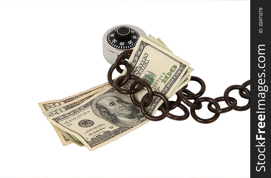 Close up of money chained to a lock isolated on white. Concept of safeguarding your money. Close up of money chained to a lock isolated on white. Concept of safeguarding your money