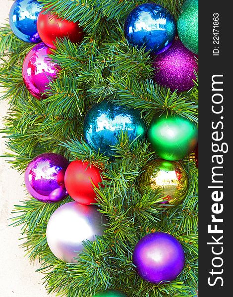 Colorful Holiday Display with Pine and Glass Globes. Colorful Holiday Display with Pine and Glass Globes