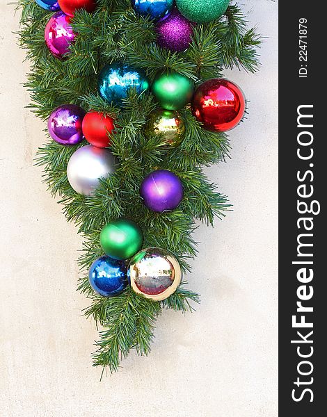 Colorful Holiday Display with Pine Boughs and Glass Globes. Colorful Holiday Display with Pine Boughs and Glass Globes
