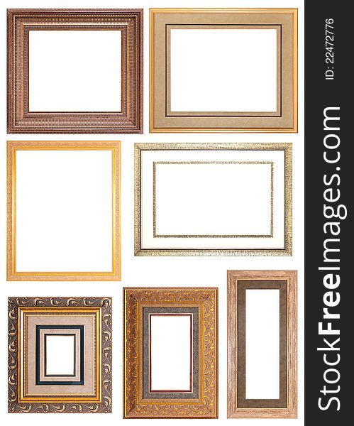 Various 7 Golden still blank frames for painting and picture over white background. Various 7 Golden still blank frames for painting and picture over white background