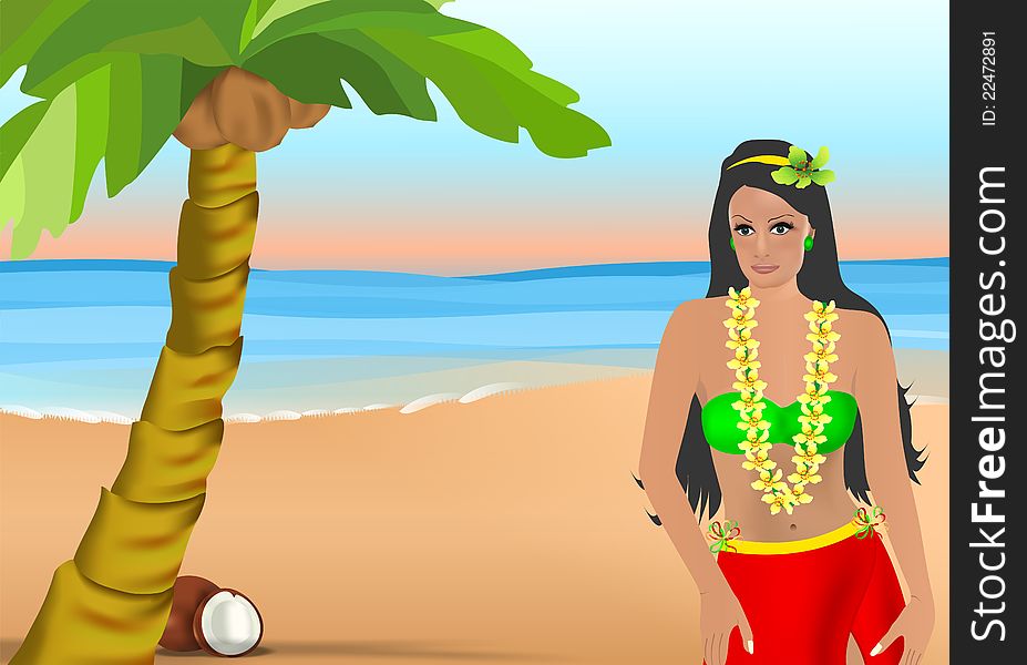 Brunette girl on the beach with orchids garland around her neck and coconut tree, vector format. Brunette girl on the beach with orchids garland around her neck and coconut tree, vector format