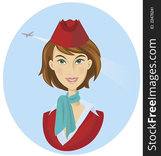 Vector illustration of beautiful smiling stewardess dressed in red uniform. Vector illustration of beautiful smiling stewardess dressed in red uniform