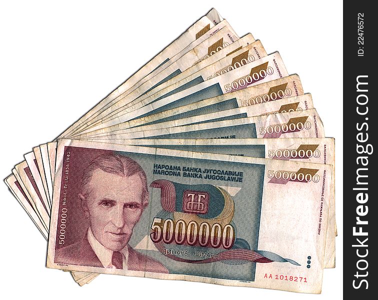 Dinar of former Yugoslavia (Nikola Tesla) at the time of high inflation and economic sanctions from the early nineties of the twentieth century. Dinar of former Yugoslavia (Nikola Tesla) at the time of high inflation and economic sanctions from the early nineties of the twentieth century.