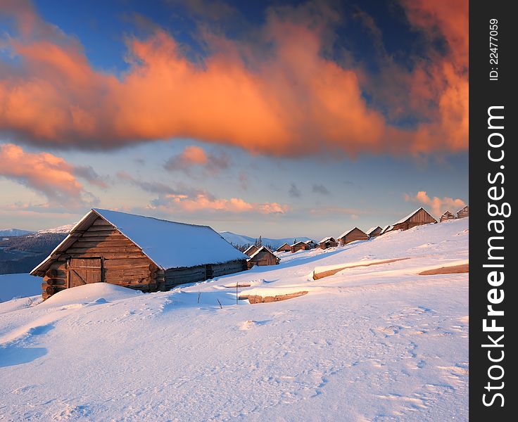 Winter landscape in mountains on a decline of day. Ukraine, mountains Carpathians