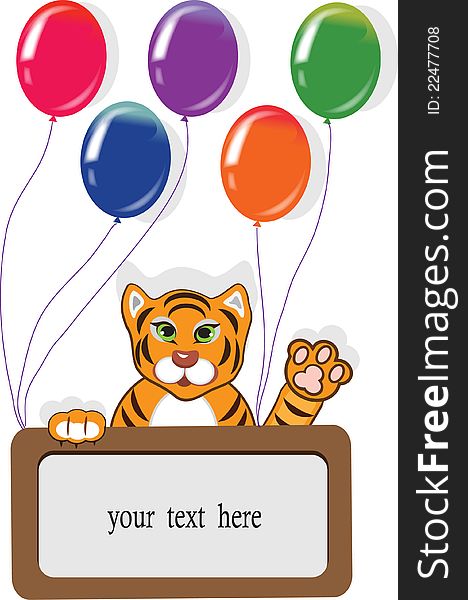 Happy birthday card with funny tiger and balloons on the white background. Happy birthday card with funny tiger and balloons on the white background