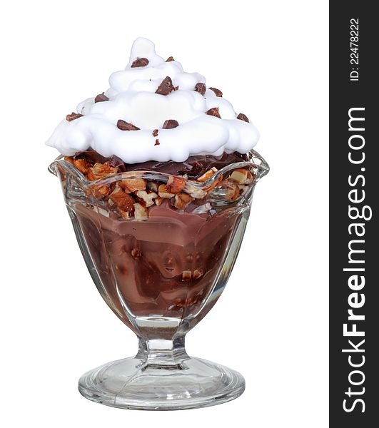 Chocolate nut with whipped cream in a glass bowl isolated on white. Chocolate nut with whipped cream in a glass bowl isolated on white