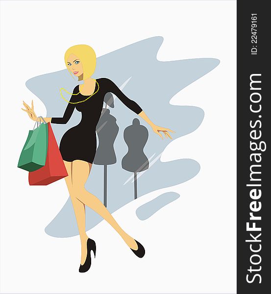 Vector illustration of a beautiful woman gone shopping wearing little black dress and high heels. Vector illustration of a beautiful woman gone shopping wearing little black dress and high heels