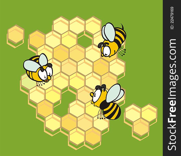 Vector illustration of the cartoon working bees on honey cells