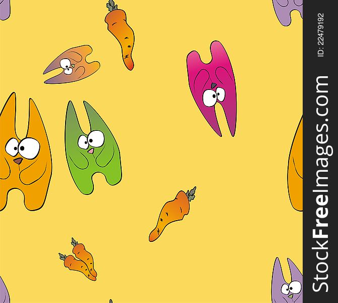 Vector seamless background with funny colorful cartoon rabbits and carrots. Vector seamless background with funny colorful cartoon rabbits and carrots