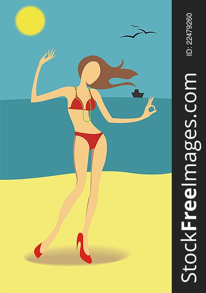 Vector illustration of a beautiful woman model wearing bikini and high heels on the beach. Vector illustration of a beautiful woman model wearing bikini and high heels on the beach