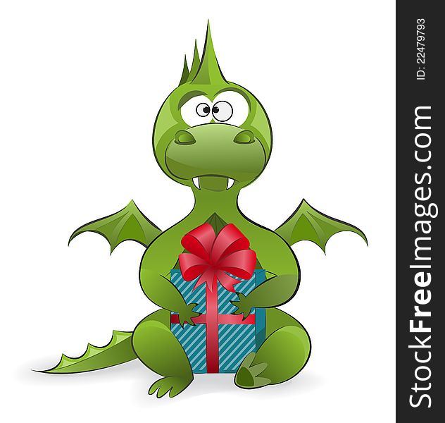 Symbol of the year - a cute green dragon holding a gift. Symbol of the year - a cute green dragon holding a gift