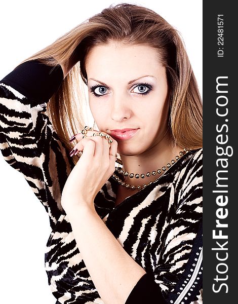 Ambition and greed in fashion woman with jewelry in hands on white background