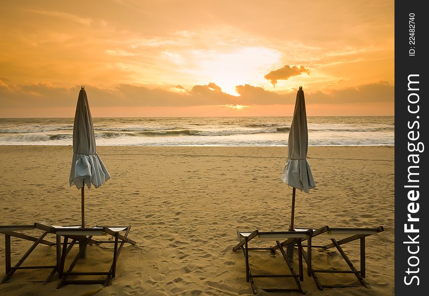 Beach Benches On Sunset