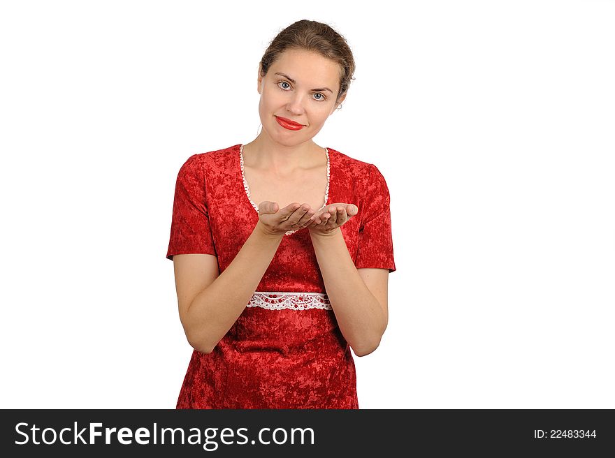 Woman in a red dress, holding hands presenting a product. Woman in a red dress, holding hands presenting a product.