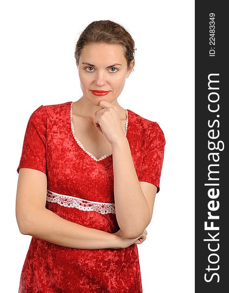 Thinking woman in a red dress