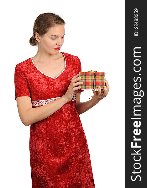 Happy woman with gift box,a white background