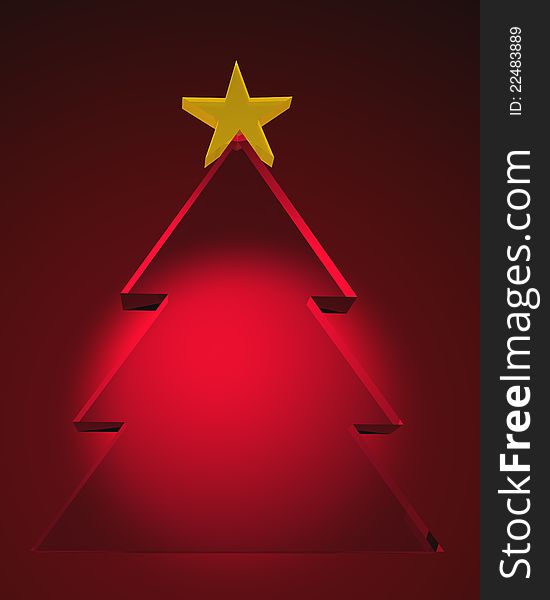 3d glass Christmas tree with yellow star on the top over red background.