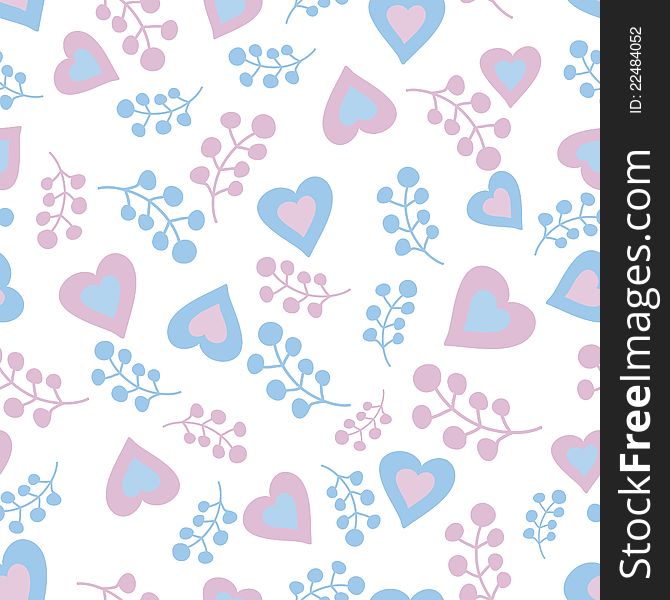 Romantic seamless pattern with hearts and branches in pastel tones. Vector illustration