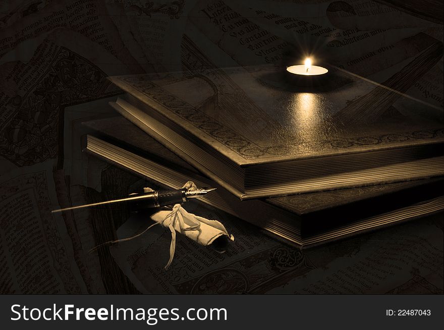 Books, parchment, fountain pen and candle. Books, parchment, fountain pen and candle