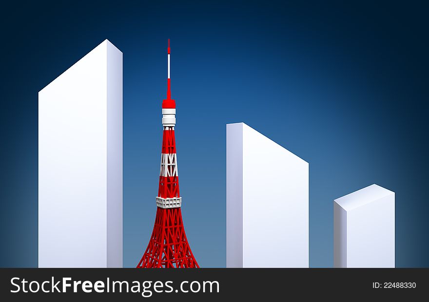 Tokyo tower and white silhouettes of skyscrapers against the dark blue sky. Tokyo view.