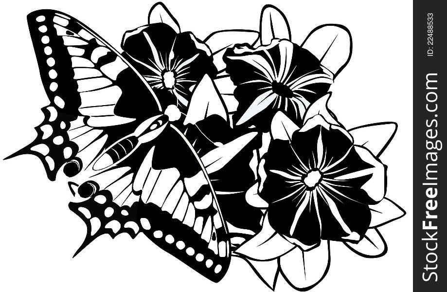 Butterfly on flowers. Black and white illustration.