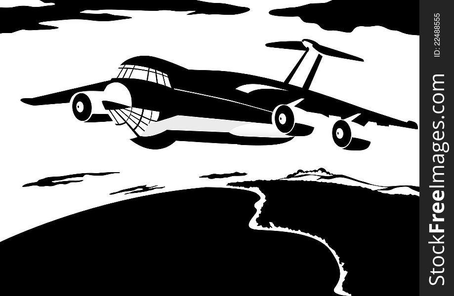 A passenger airliner in the background of the Earth. Black and white illustration.