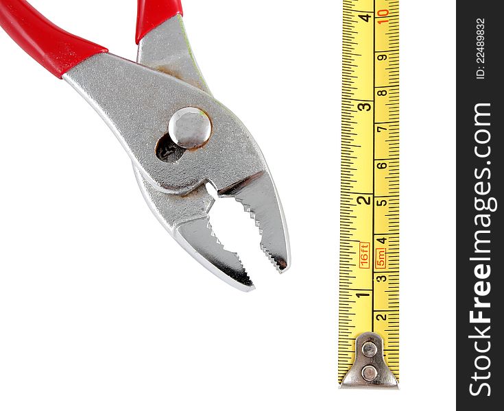 Closeup image of pliers and yellow tape measure on white background. Closeup image of pliers and yellow tape measure on white background