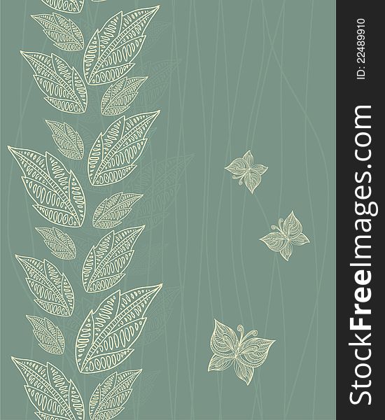 Seamless vertical pattern with leaves and butterflÑƒ. Seamless vertical pattern with leaves and butterflÑƒ