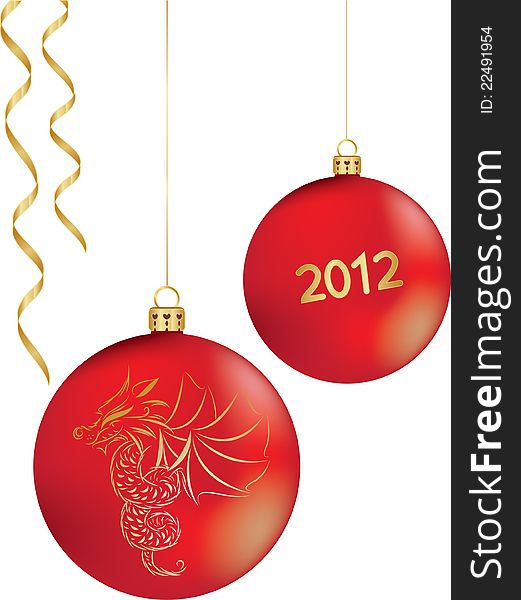 Christmas balls with a dragon - the symbol of the year 2012, and golden serpentine. Christmas balls with a dragon - the symbol of the year 2012, and golden serpentine