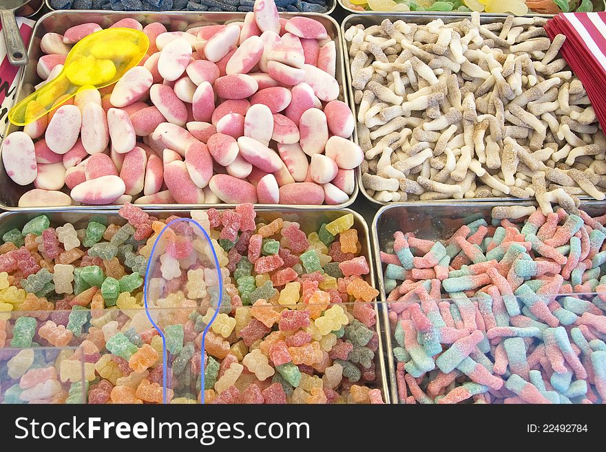 Various colour jelly candy in a market. Various colour jelly candy in a market